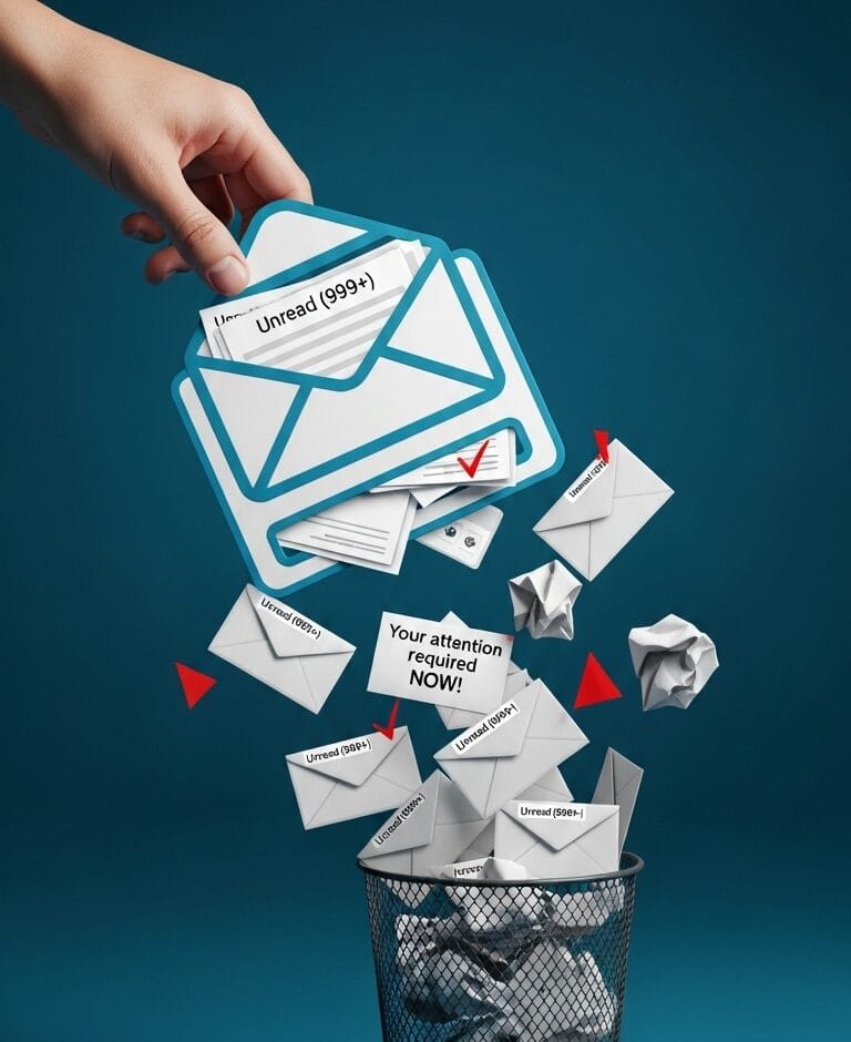 A top-down view of a clean, minimalist desk with a laptop open to a nearly empty email inbox, next to a cup of coffee and a small plant.
