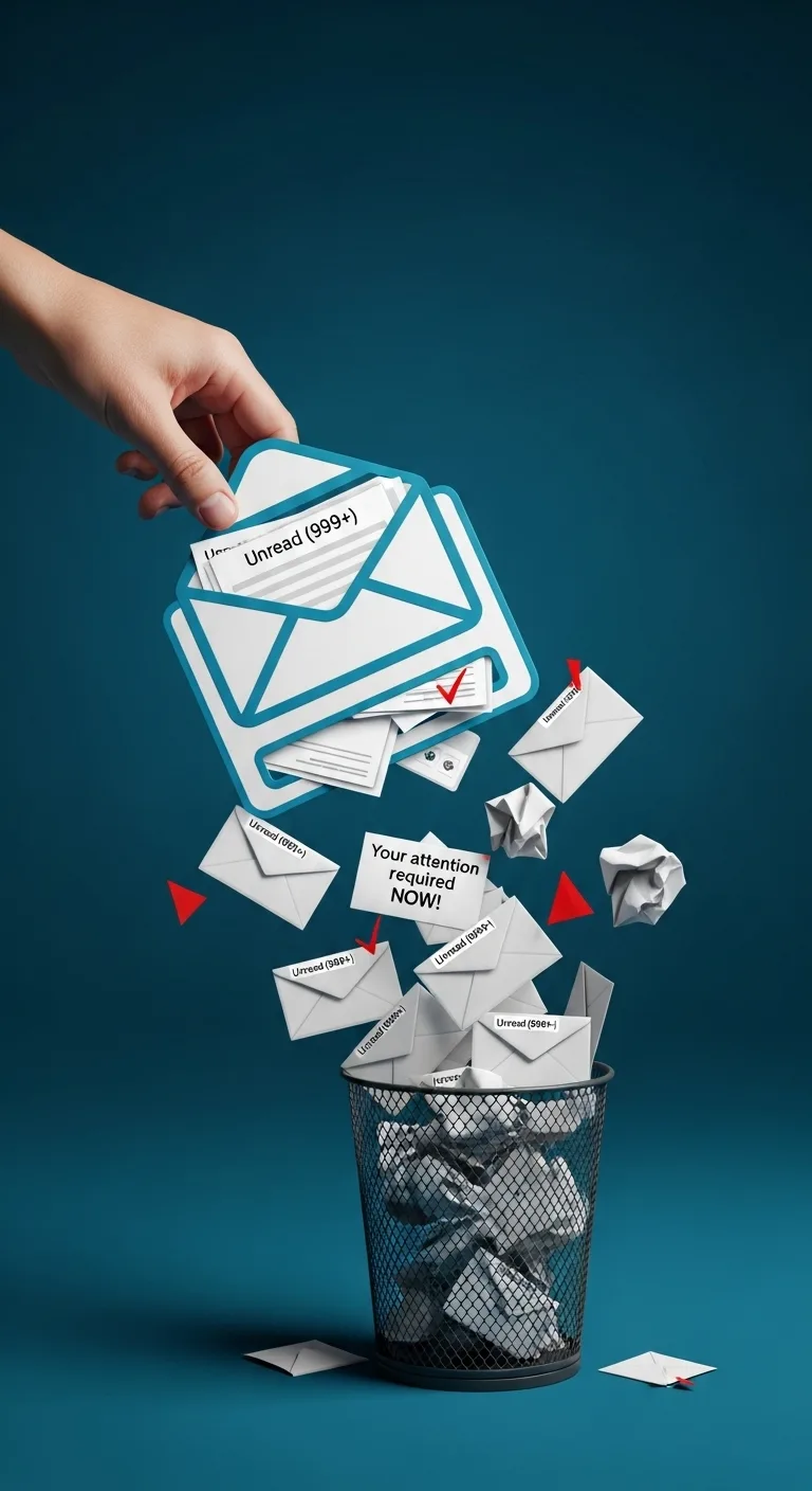 A top-down view of a clean, minimalist desk with a laptop open to a nearly empty email inbox, next to a cup of coffee and a small plant.