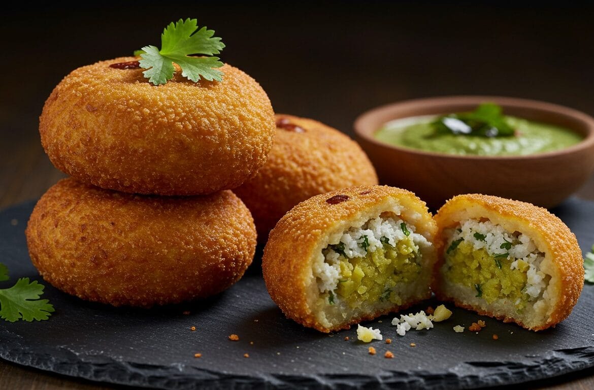 A plate of golden brown, crispy Farali Petis served with green coriander chutney, an ideal snack for Hindu fasting days like Shravan vrat.