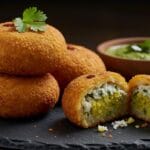 A plate of golden brown, crispy Farali Petis served with green coriander chutney, an ideal snack for Hindu fasting days like Shravan vrat.