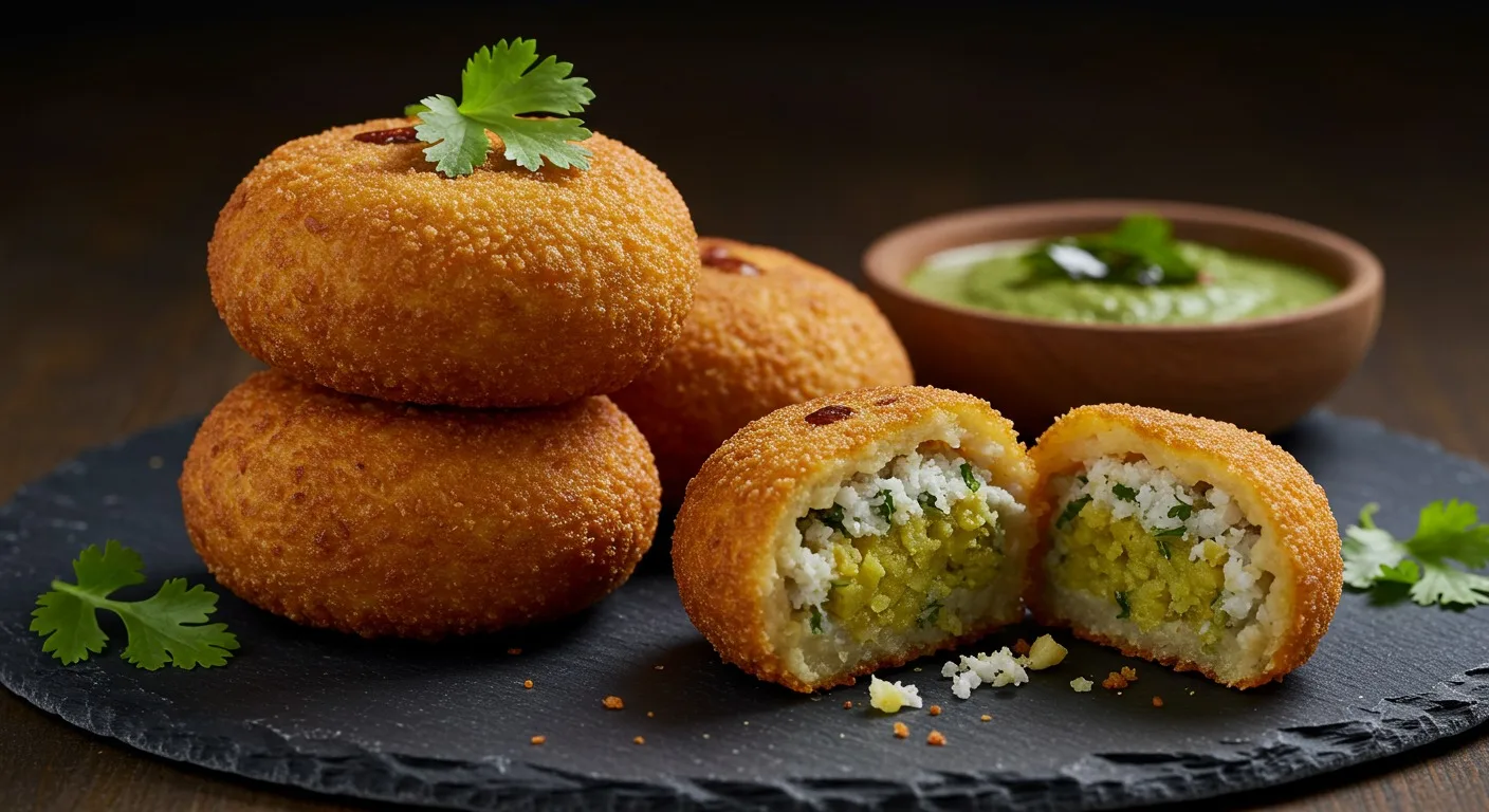A plate of golden brown, crispy Farali Petis served with green coriander chutney, an ideal snack for Hindu fasting days like Shravan vrat.