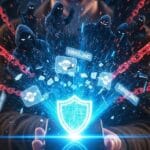 A glowing, futuristic shield with an AI-like circuit pattern deflecting data tentacles from a central play button, symbolizing privacy-first streaming.