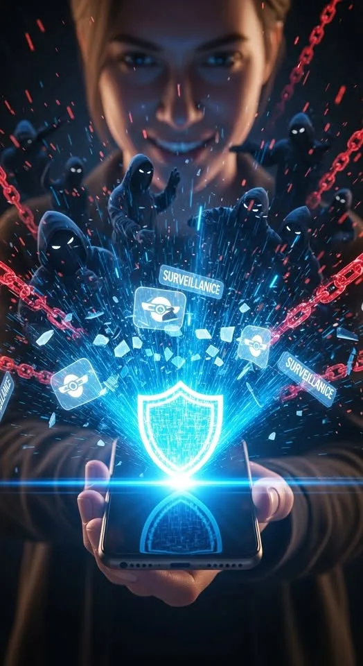 A glowing, futuristic shield with an AI-like circuit pattern deflecting data tentacles from a central play button, symbolizing privacy-first streaming.