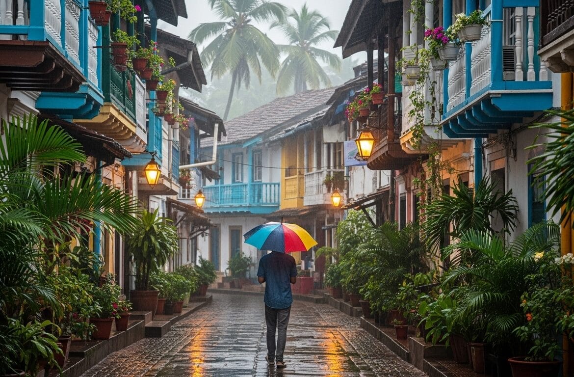 A vibrant yellow and blue Portuguese-style building in the quiet, rain-slicked lanes of Fontainhas, Goa, evoking a sense of romance and history.