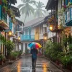 A vibrant yellow and blue Portuguese-style building in the quiet, rain-slicked lanes of Fontainhas, Goa, evoking a sense of romance and history.