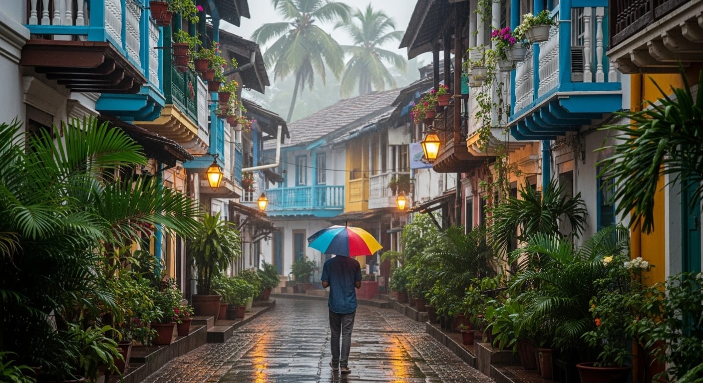 A vibrant yellow and blue Portuguese-style building in the quiet, rain-slicked lanes of Fontainhas, Goa, evoking a sense of romance and history.
