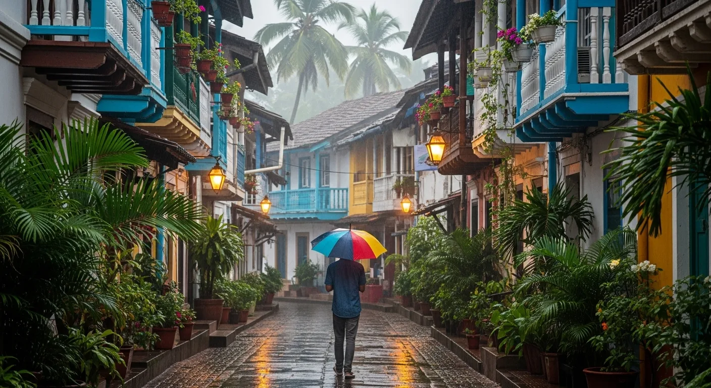 A vibrant yellow and blue Portuguese-style building in the quiet, rain-slicked lanes of Fontainhas, Goa, evoking a sense of romance and history.