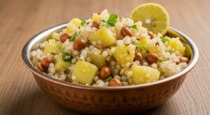 A bowl of perfectly cooked, non-sticky Sabudana Khichdi with separate pearls, garnished with peanuts and coriander for a fasting meal.