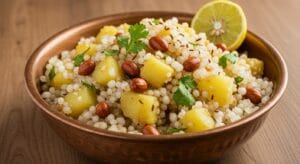  A bright and appealing overhead shot of Sabudana Khichdi served in a traditional bowl. Each tapioca pearl (sabudana) is translucent and separate, indicating it's perfectly cooked and not sticky. The dish is dotted with green chilies, roasted peanuts, and fresh coriander leaves.