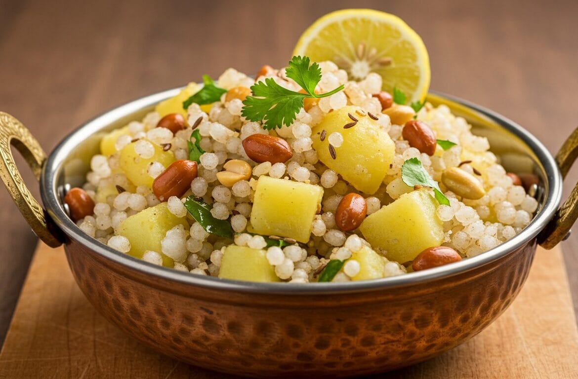 A close-up shot of fluffy, non-sticky Sabudana Khichdi in a white bowl, showing individual tapioca pearls, garnished with roasted peanuts and cilantro.