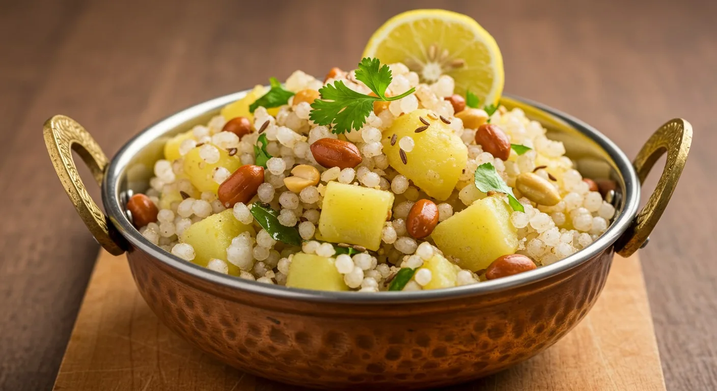 A close-up shot of fluffy, non-sticky Sabudana Khichdi in a white bowl, showing individual tapioca pearls, garnished with roasted peanuts and cilantro.