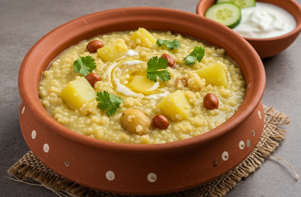 A close-up shot of traditional Indian fasting dessert, Singhare ke Atte ka Halwa (Water Chestnut Flour Pudding), garnished with chopped nuts, served for vrat.