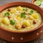 A close-up shot of traditional Indian fasting dessert, Singhare ke Atte ka Halwa (Water Chestnut Flour Pudding), garnished with chopped nuts, served for vrat.