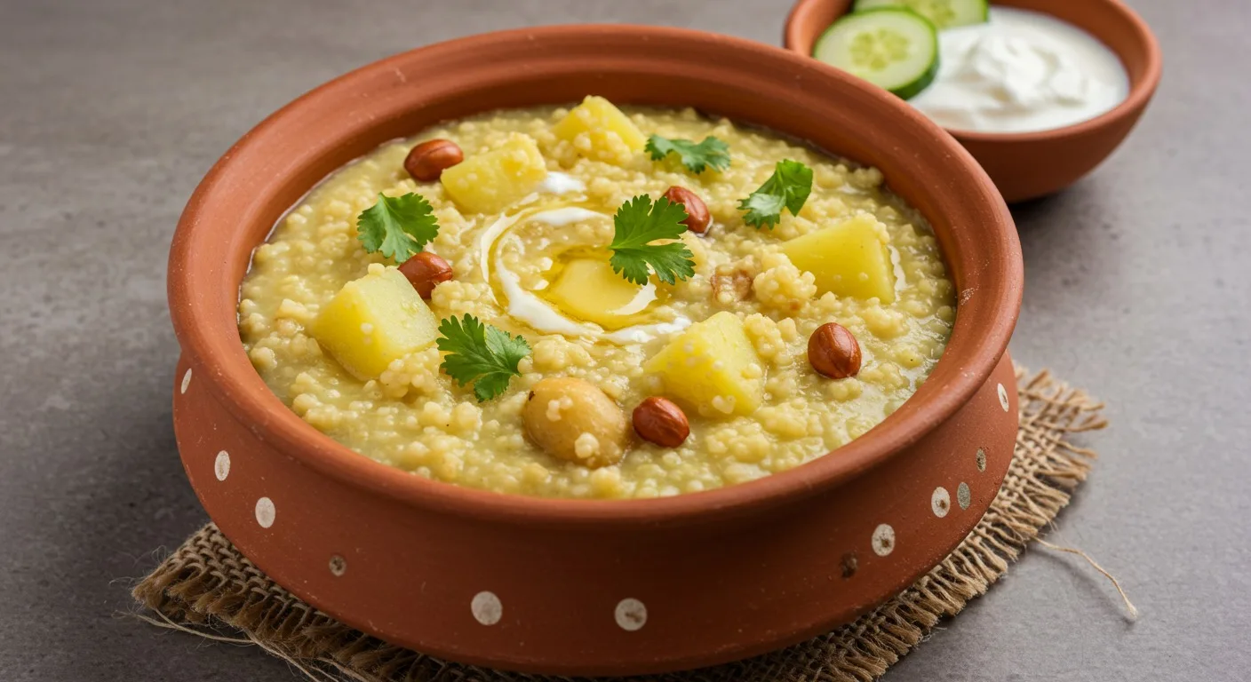 A close-up shot of traditional Indian fasting dessert, Singhare ke Atte ka Halwa (Water Chestnut Flour Pudding), garnished with chopped nuts, served for vrat.