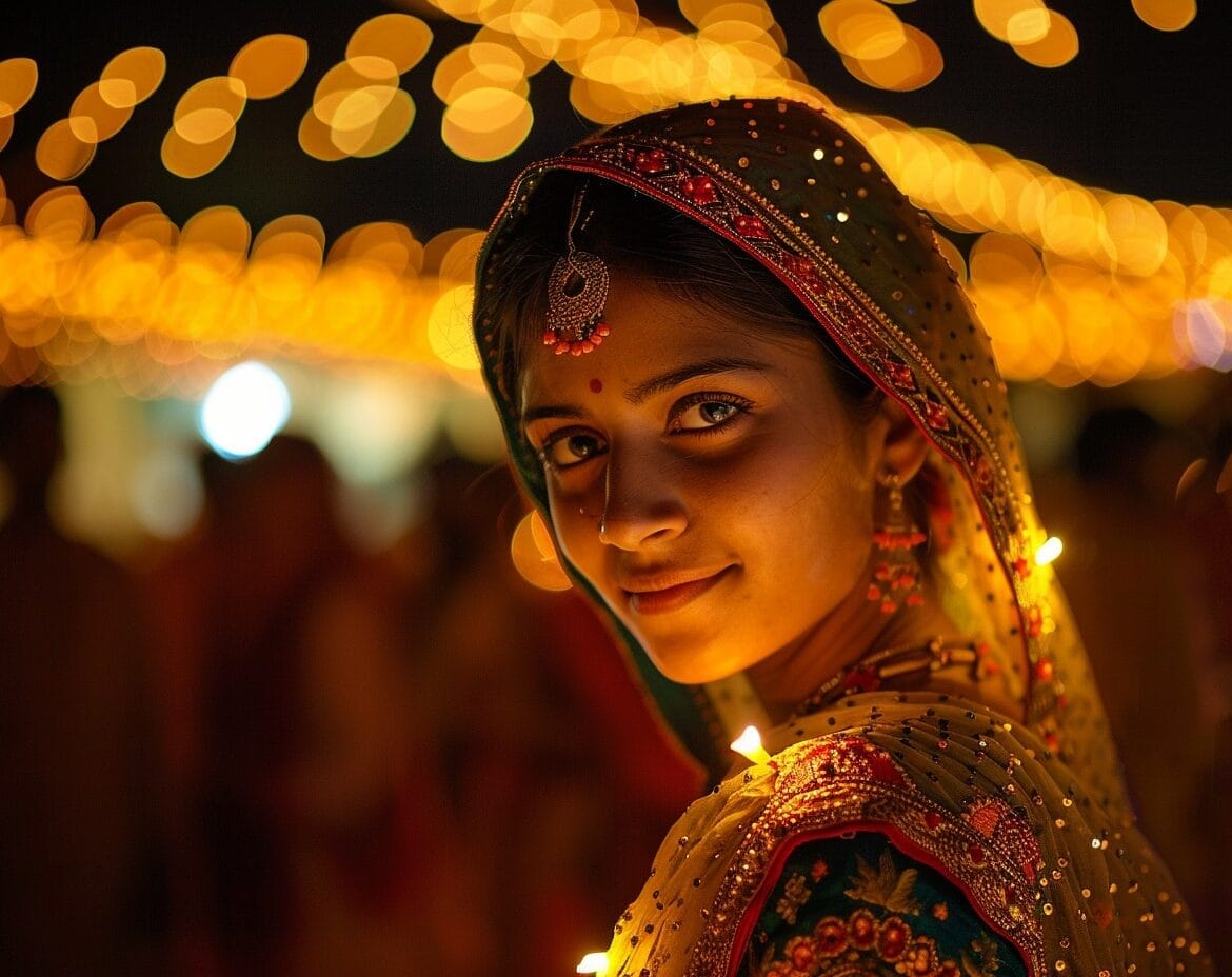 Urban Navratri 2025 celebrations showing vibrant garba and dandiya nights in city pandals filled with colorful lights and enthusiastic dancers.