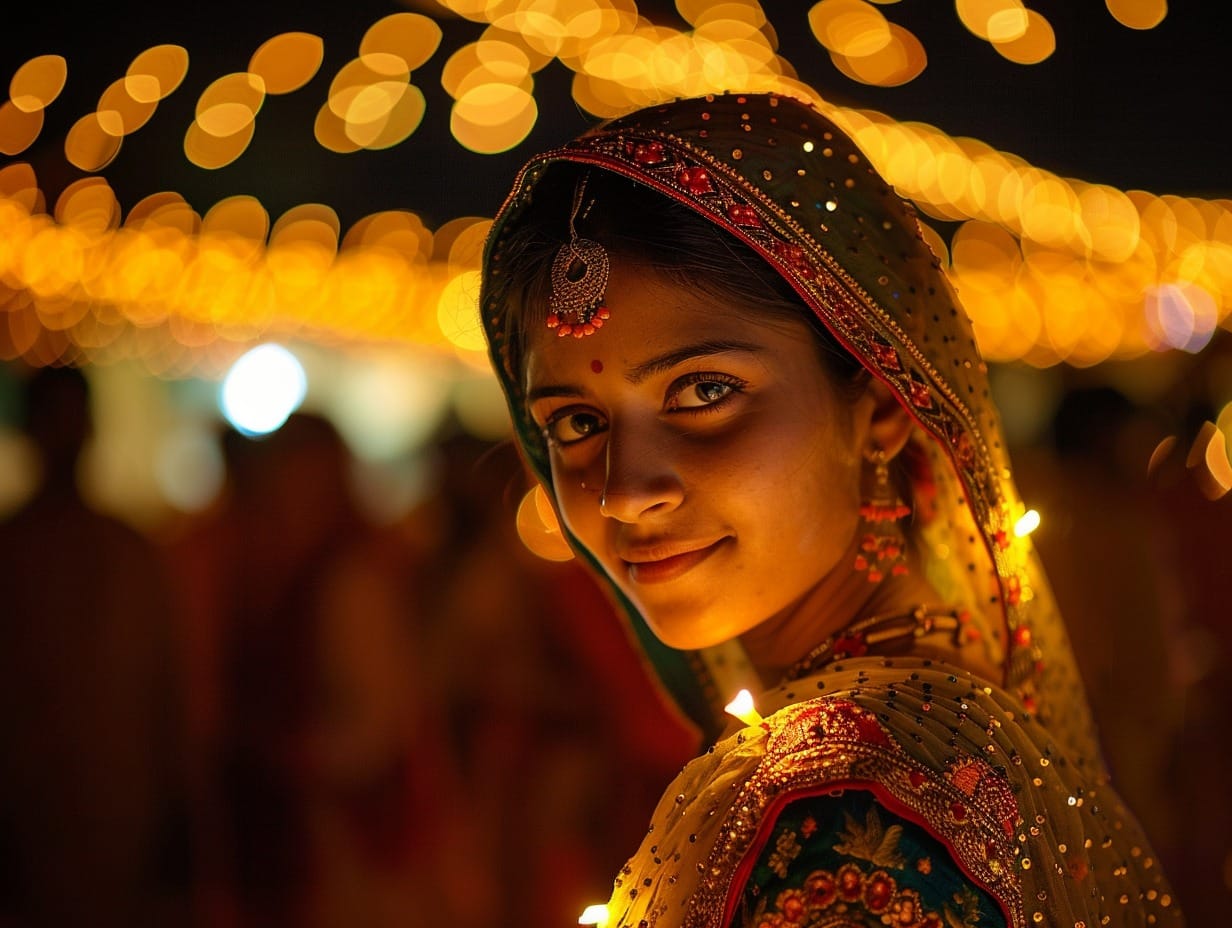 Urban Navratri 2025 celebrations showing vibrant garba and dandiya nights in city pandals filled with colorful lights and enthusiastic dancers.