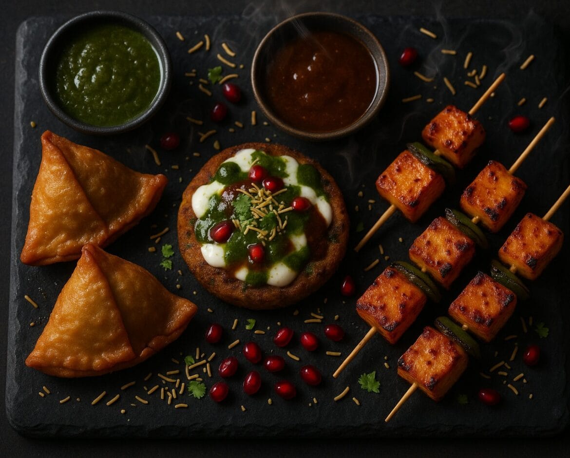 एयर फ्रायर में बने देसी स्ट्रीट-फूड का प्लैटर समोसा, टिक्की चाट, पनीर टिक्का, तंदूरी विंग्स