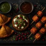 एयर फ्रायर में बने देसी स्ट्रीट-फूड का प्लैटर समोसा, टिक्की चाट, पनीर टिक्का, तंदूरी विंग्स