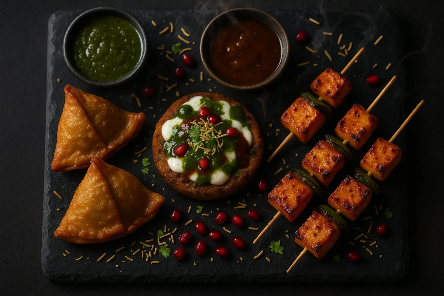 एयर फ्रायर में बने देसी स्ट्रीट-फूड का प्लैटर समोसा, टिक्की चाट, पनीर टिक्का, तंदूरी विंग्स