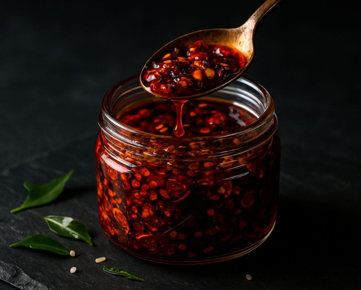 Glass jar of Desi Chili Crisp with crispy garlic, sesame and curry leaves, brass spoon drizzling glossy red chili oil.