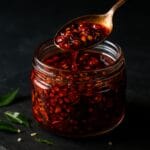 Glass jar of Desi Chili Crisp with crispy garlic, sesame and curry leaves, brass spoon drizzling glossy red chili oil.