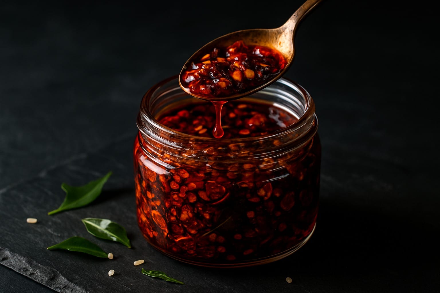 Glass jar of Desi Chili Crisp with crispy garlic, sesame and curry leaves, brass spoon drizzling glossy red chili oil.