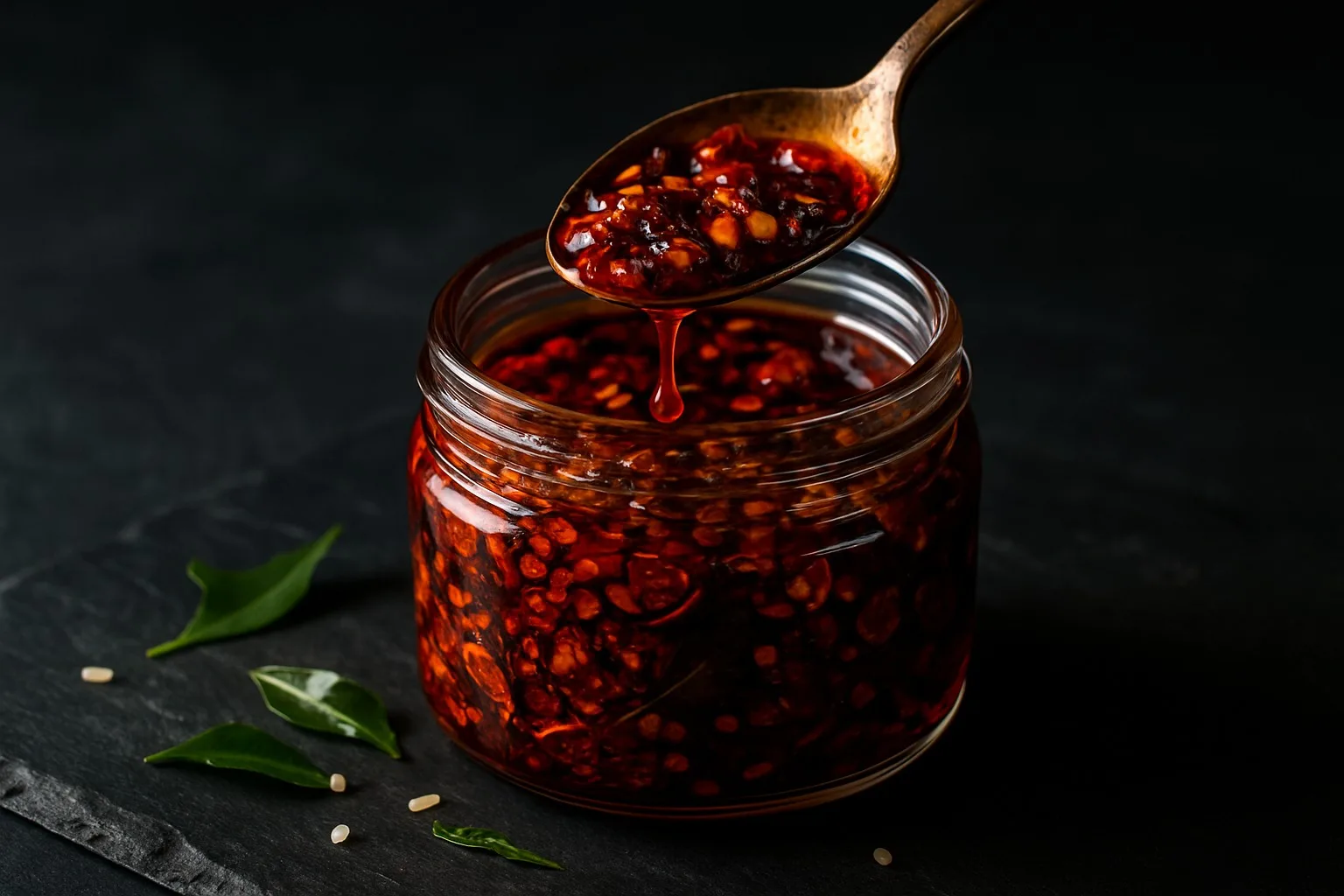 Glass jar of Desi Chili Crisp with crispy garlic, sesame and curry leaves, brass spoon drizzling glossy red chili oil.