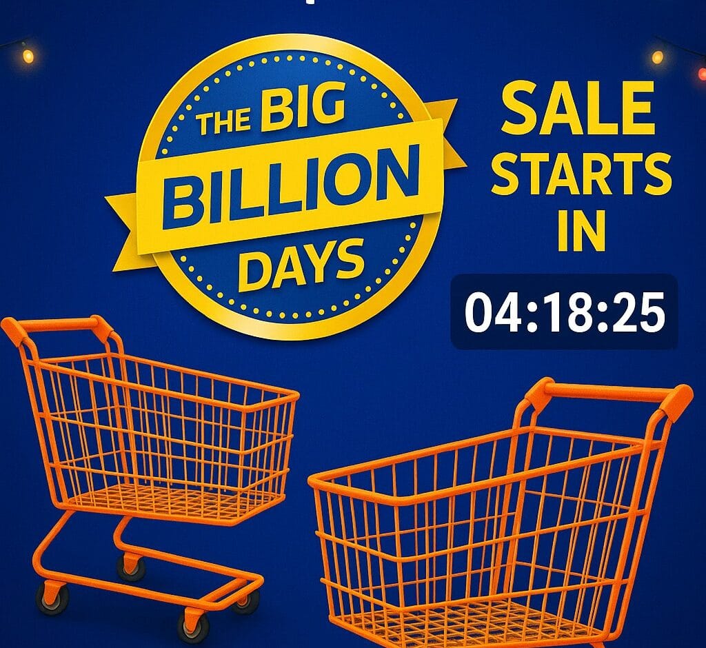 Flipkart Big Billion Days neon badge with flashing price-drop arrows and shopping cart
