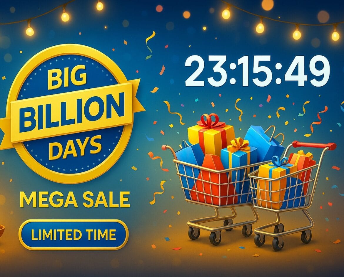 Flipkart Big Billion Days sale banner with shopping carts, countdown and festive lights