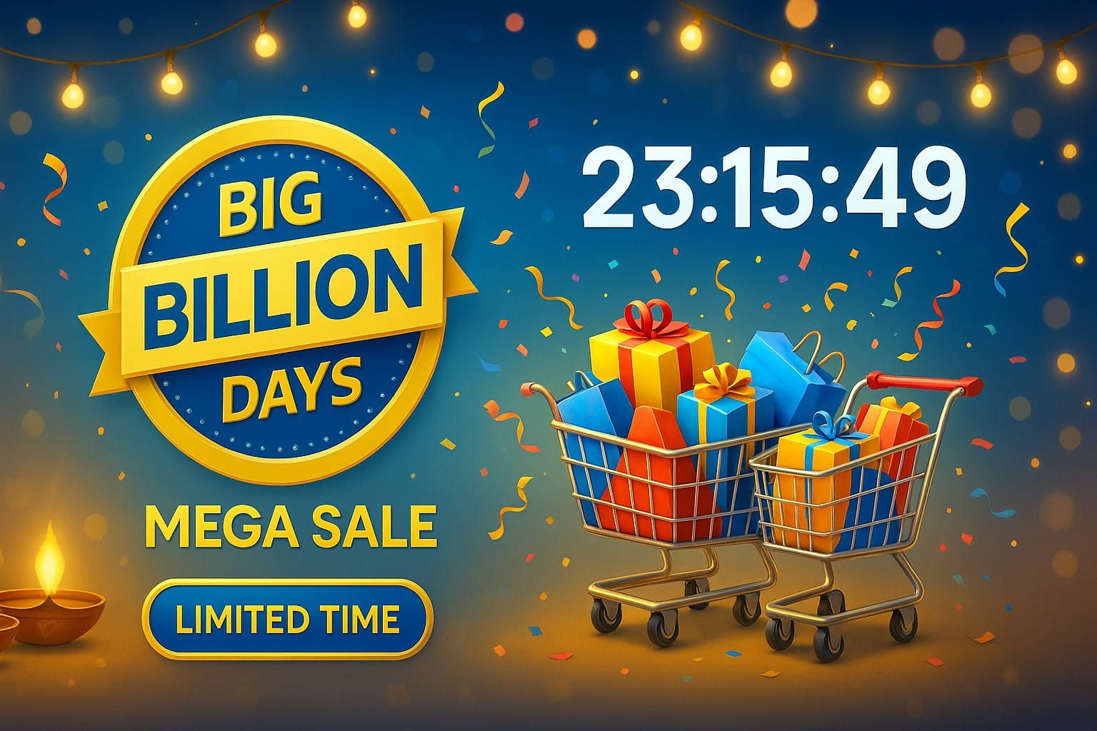 Flipkart Big Billion Days sale banner with shopping carts, countdown and festive lights