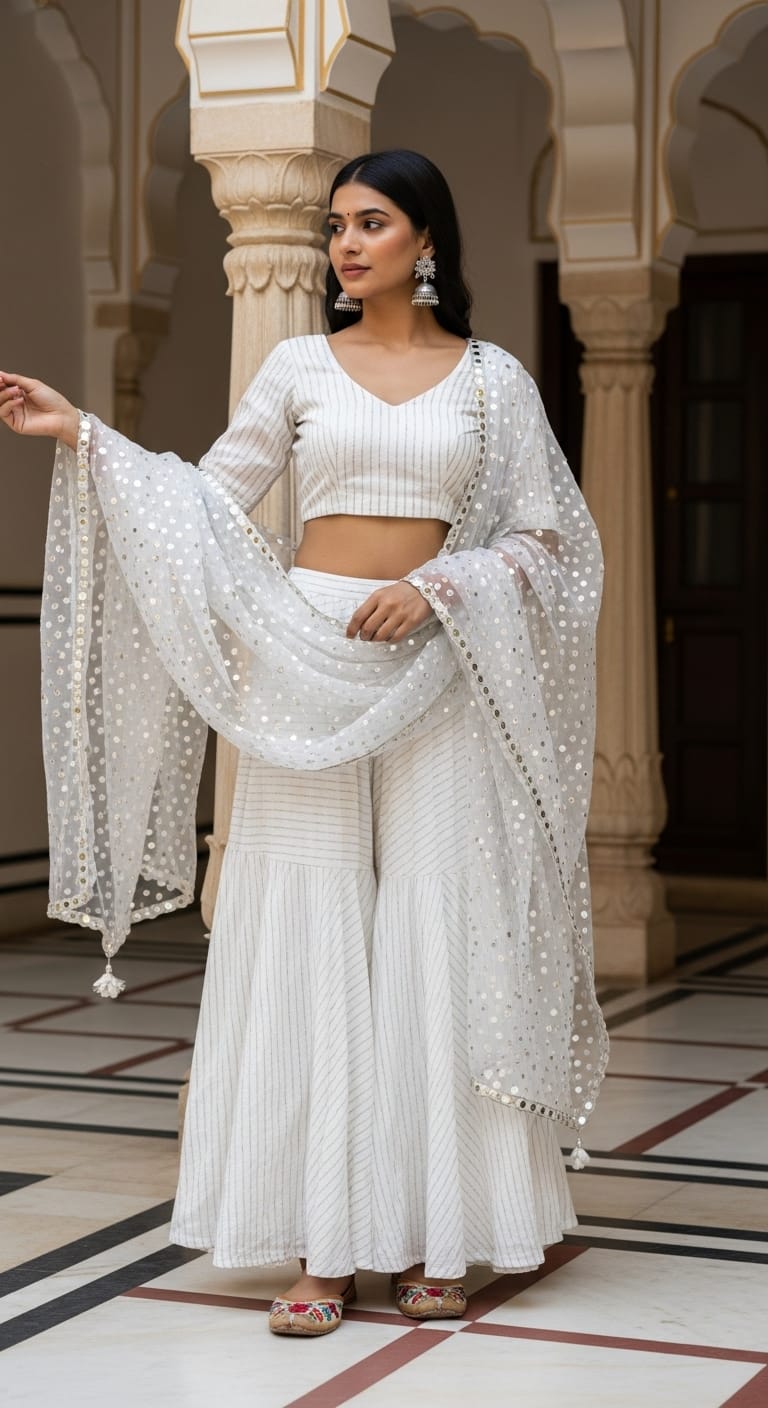 Fusion white co-ord set with mirror jacket for garba