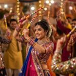Navratri Garba dancer dhara rughani in mirror-work chaniya choli styled with white sneakers and a bandhani dupatta mid-spin