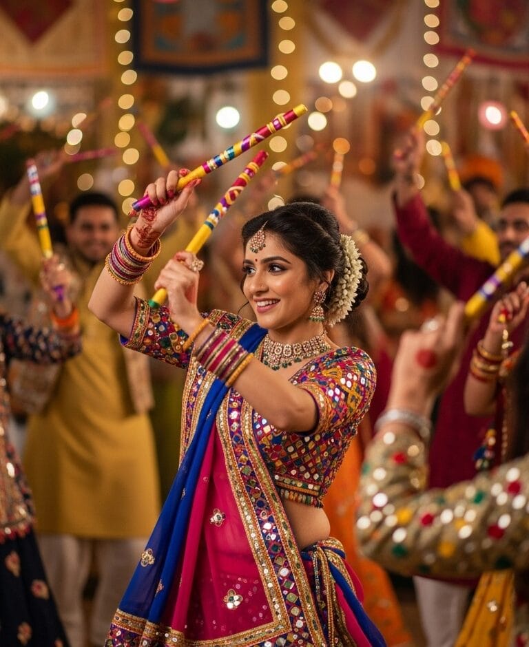 Navratri Garba dancer dhara rughani in mirror-work chaniya choli styled with white sneakers and a bandhani dupatta mid-spin