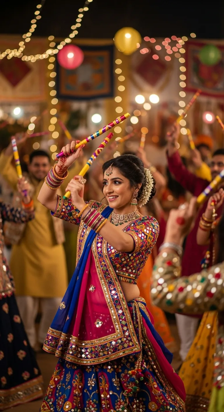 Navratri Garba dancer dhara rughani in mirror-work chaniya choli styled with white sneakers and a bandhani dupatta mid-spin