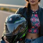 Bikini-clad Indian woman with helmet in gujarat, safety awareness