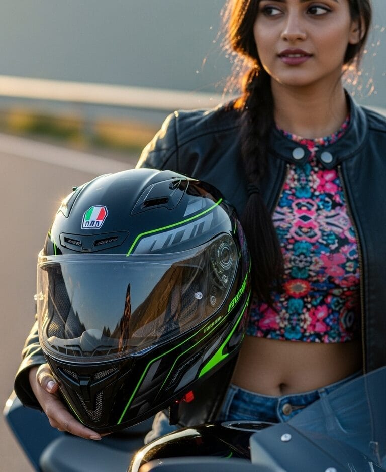 Bikini-clad Indian woman with helmet in gujarat, safety awareness