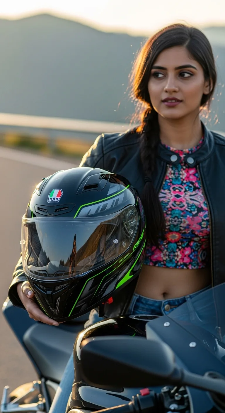 Bikini-clad Indian woman with helmet in gujarat, safety awareness