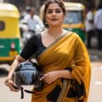 Indian woman in a saree holding a helmet on a gujarat street, promoting protection
