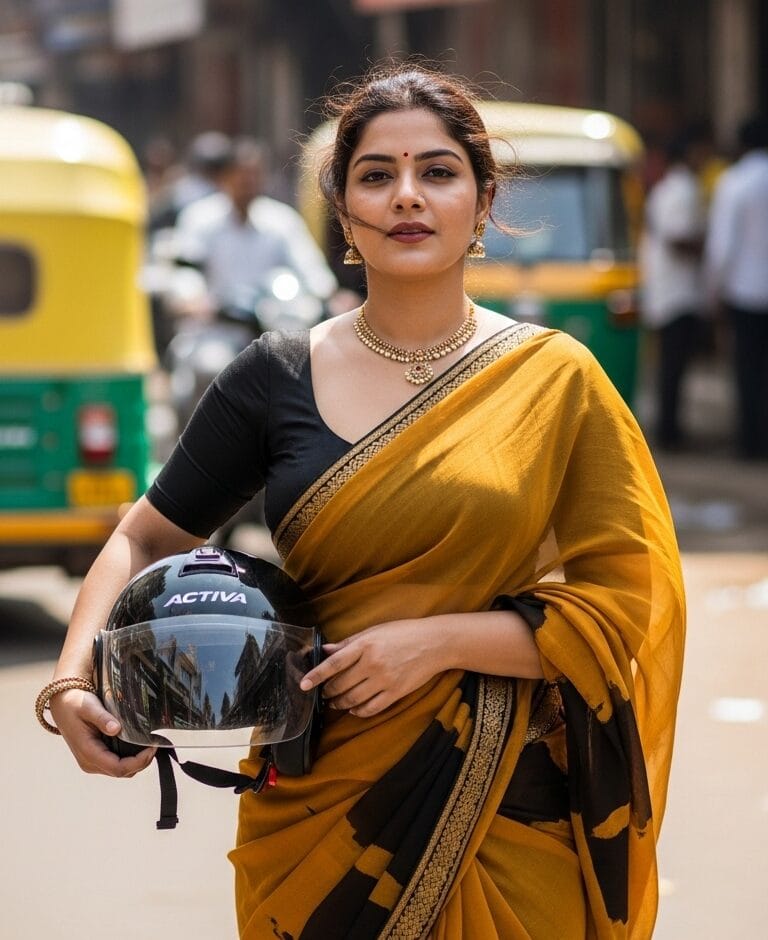 Indian woman in a saree holding a helmet on a gujarat street, promoting protection