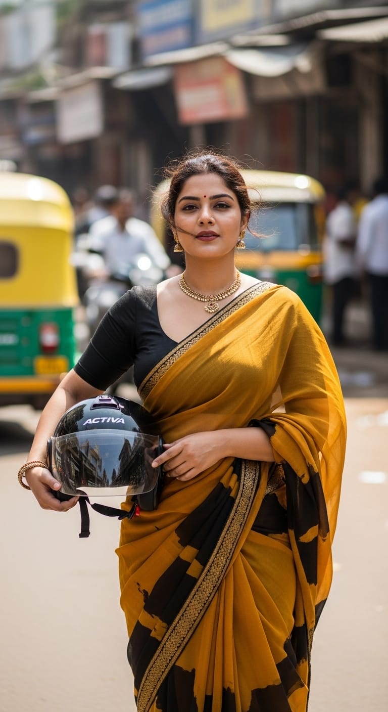 Indian woman in a saree holding a helmet on a gujarat street, promoting protection