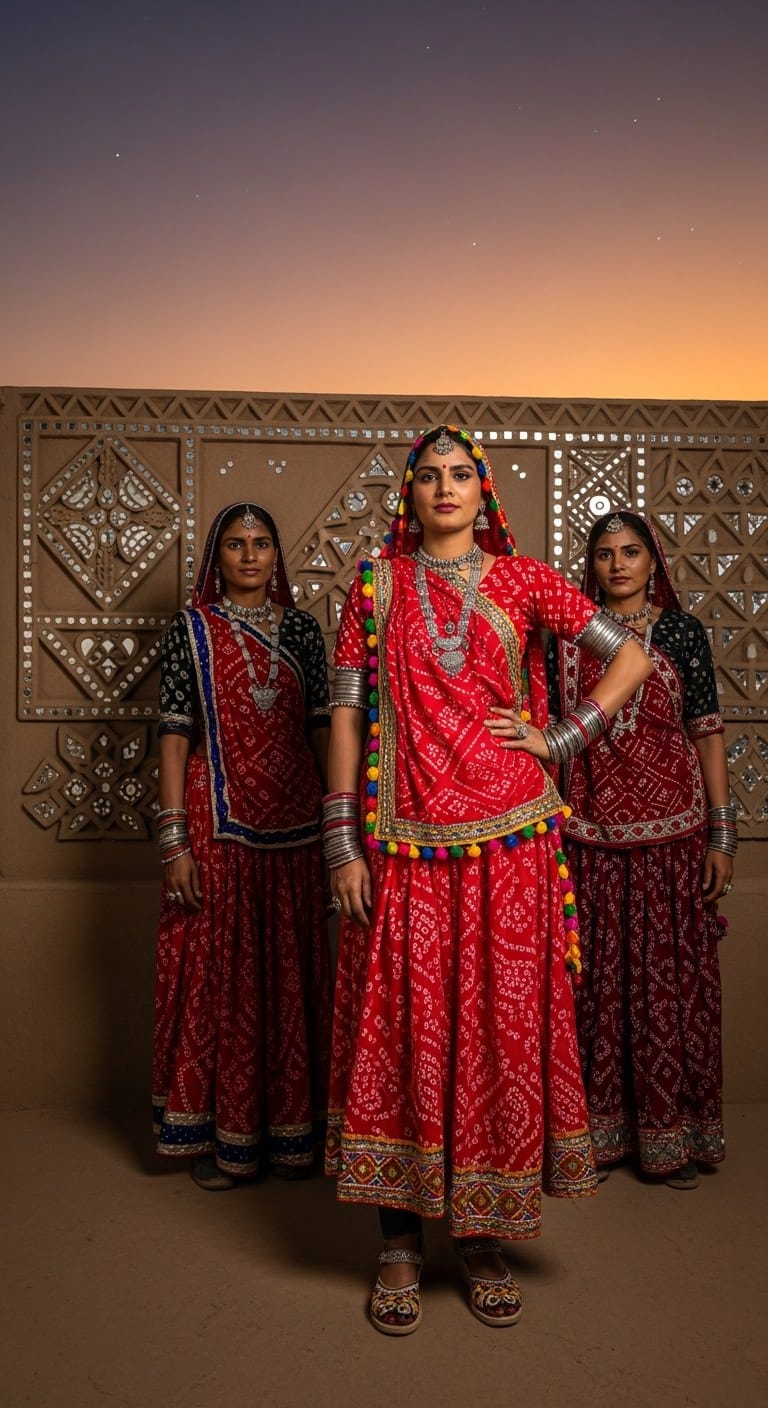 Banarasi Brocade red Navratri outfit for Brahmacharini Puja on September 23, 2025; classic Mughal-era motifs with rich zari work