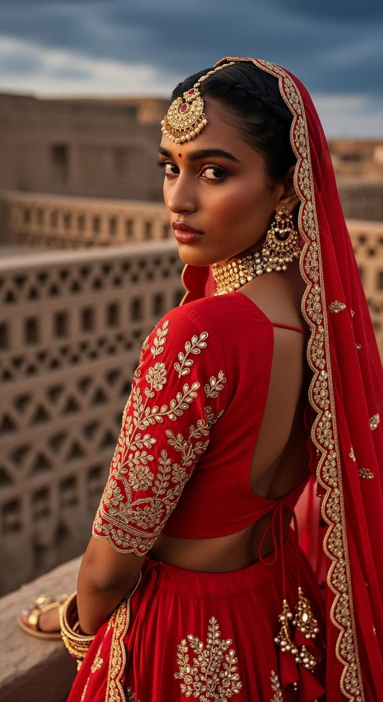 Chanderi red Navratri outfit for Brahmacharini Puja on September 23, 2025; feather-light handloom with gentle sheen and zari borders