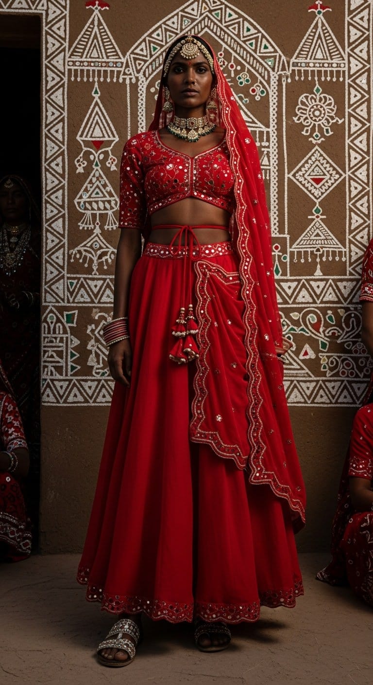 Chiffon red Navratri outfit for Brahmacharini Puja on September 23, 2025; buttery light, fluid drape that moves effortlessly in garba spins