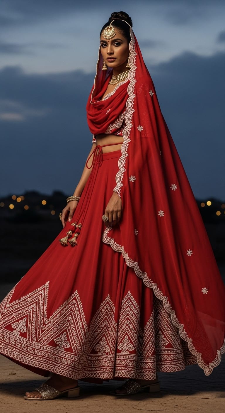 Cotton-Silk red Navratri outfit for Brahmacharini Puja on September 23, 2025; breathable comfort fused with festive sheen