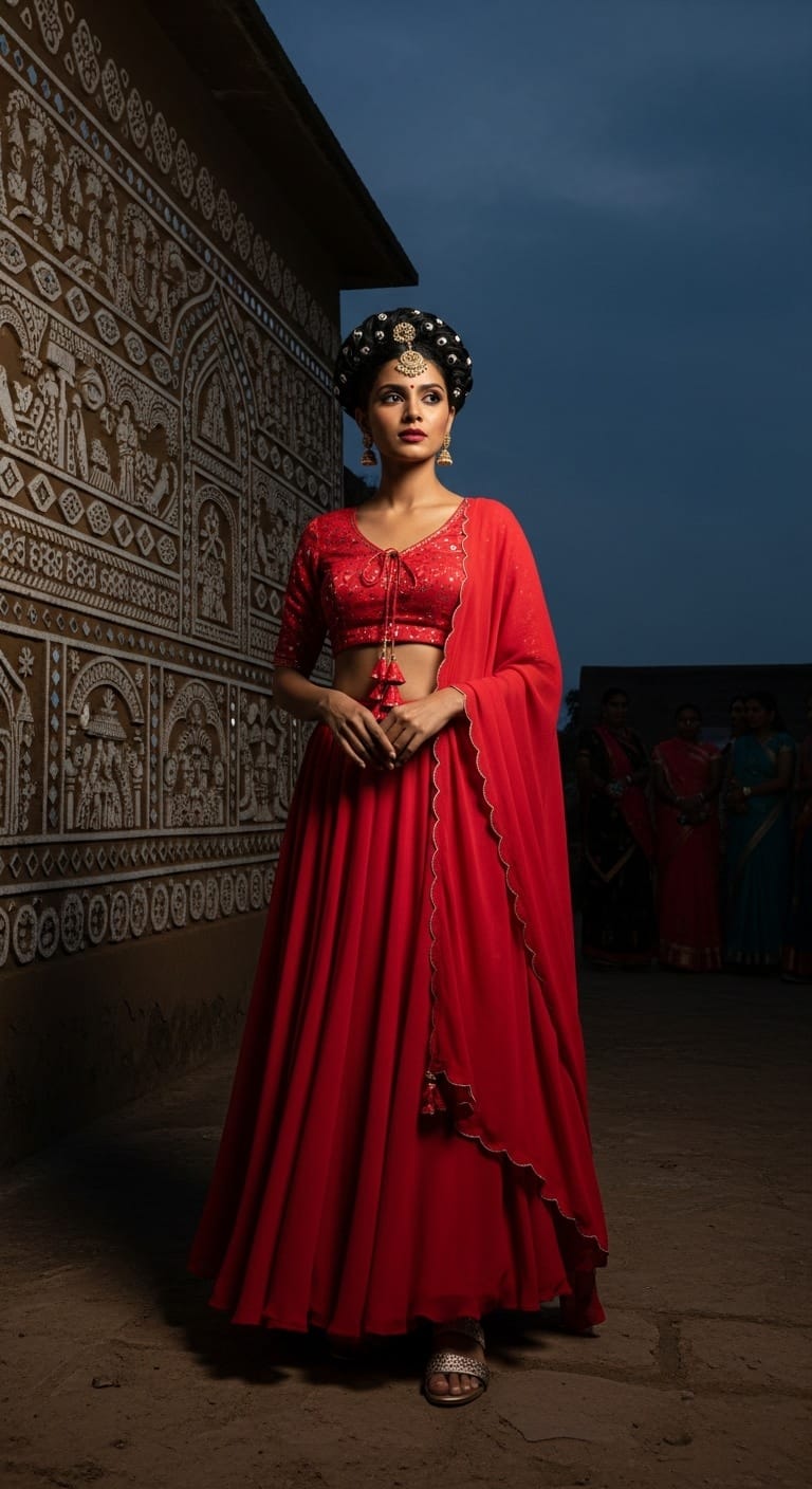 Dupion Silk red Navratri outfit for Brahmacharini Puja on September 23, 2025; crisp slubs that hold shape beautifully