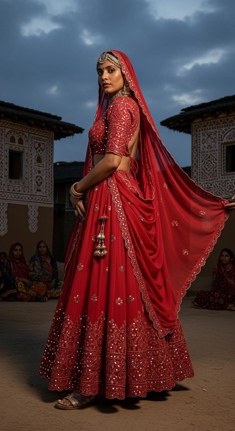 Jacquard red Navratri outfit for Brahmacharini Puja on September 23, 2025; textured weave that adds depth without extra embellishment