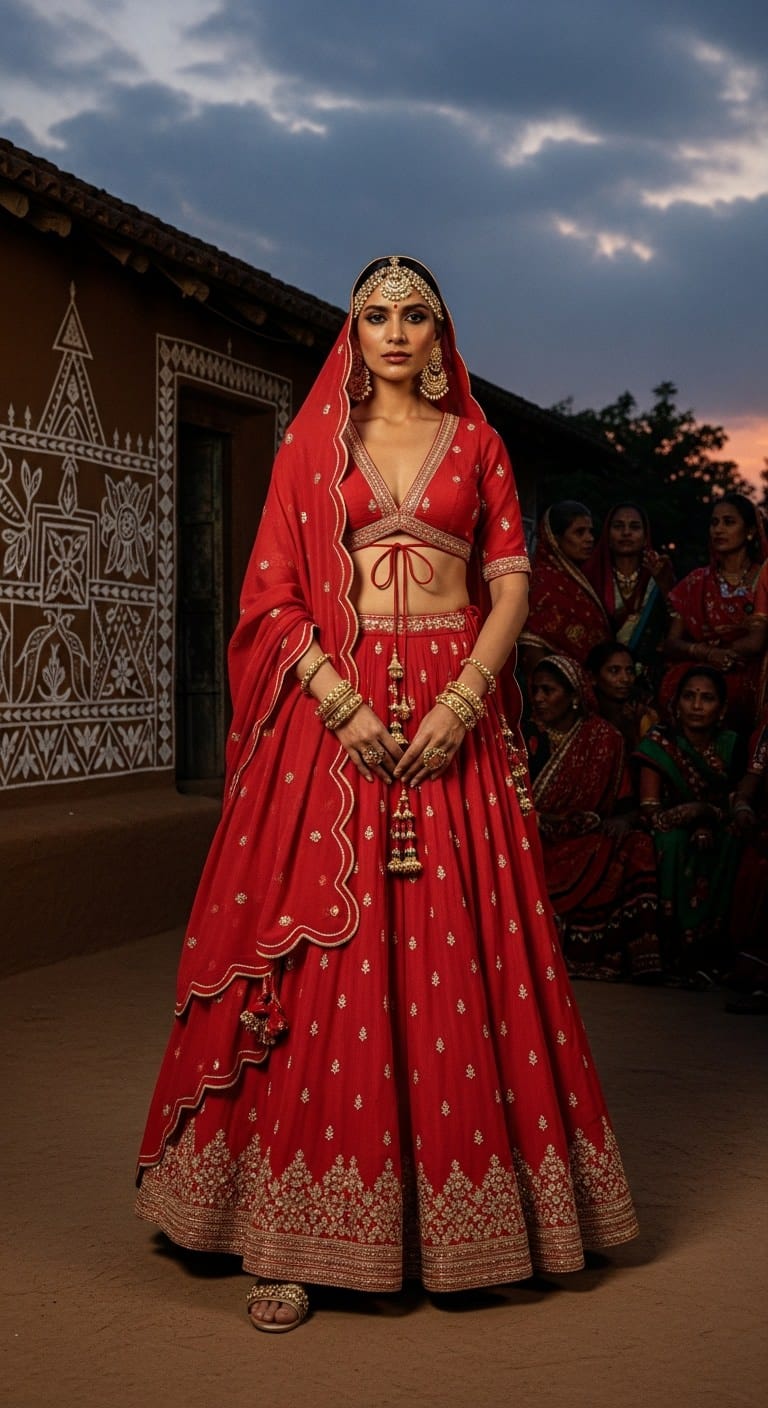 Katan Silk red Navratri outfit for Brahmacharini Puja on September 23, 2025; tightly woven, smooth face ideal for Banarasi looks