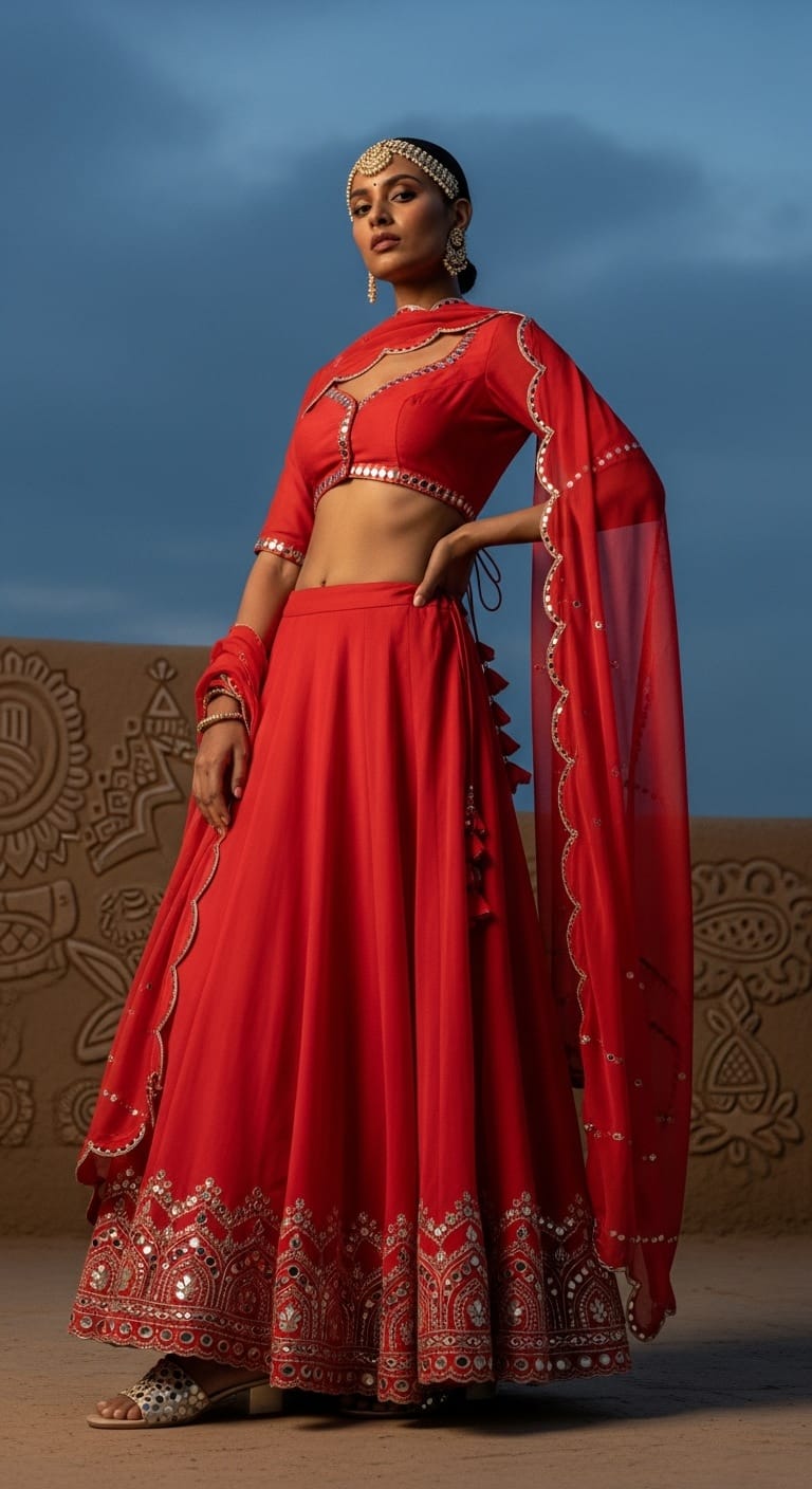 Khadi Cotton red Navratri outfit for Brahmacharini Puja on September 23, 2025; handspun texture with earthy elegance and breathability