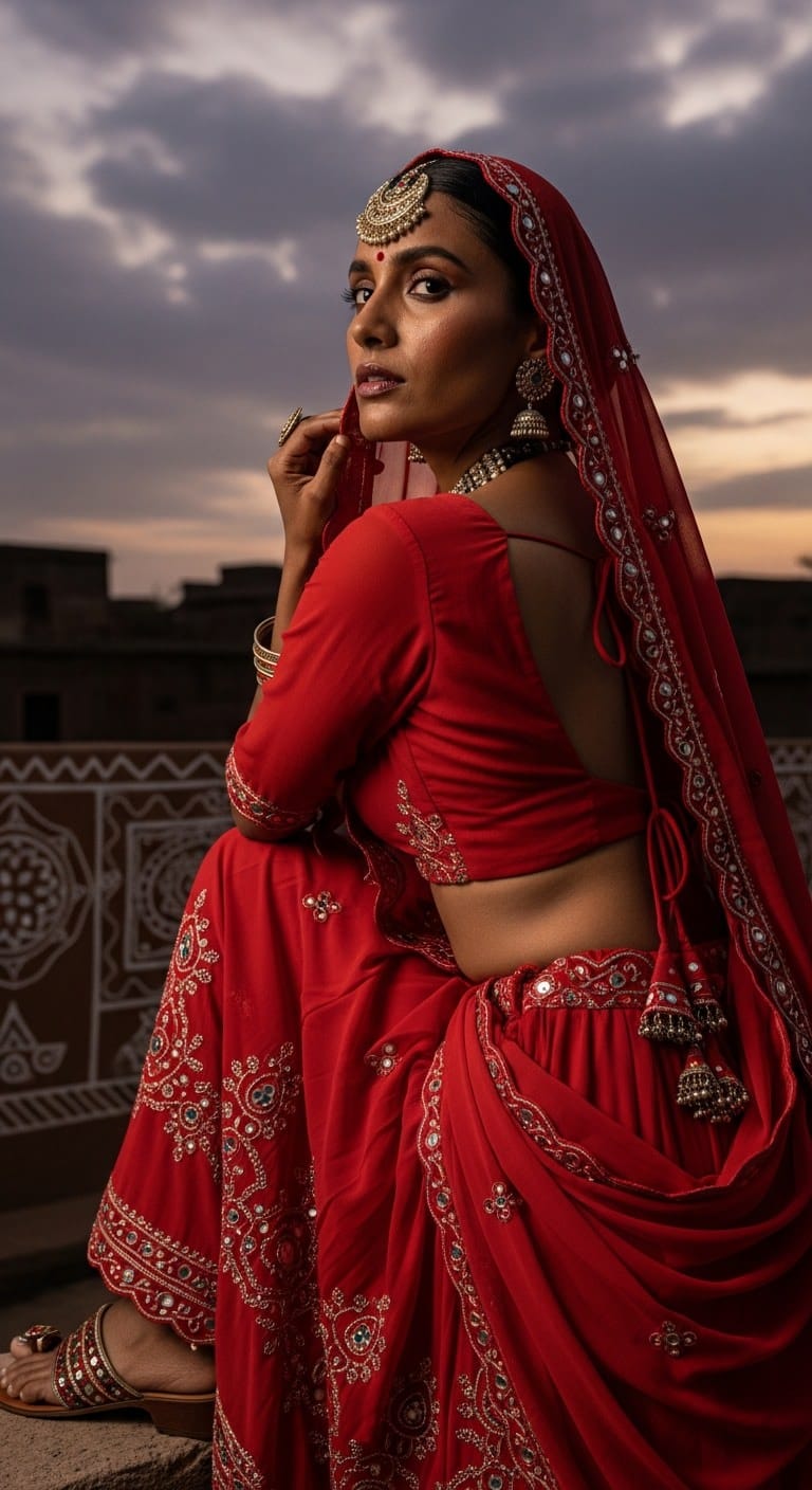 Kota Doria red Navratri outfit for Brahmacharini Puja on September 23, 2025; micro-check sheer that stays cool and crisp for longer sessions