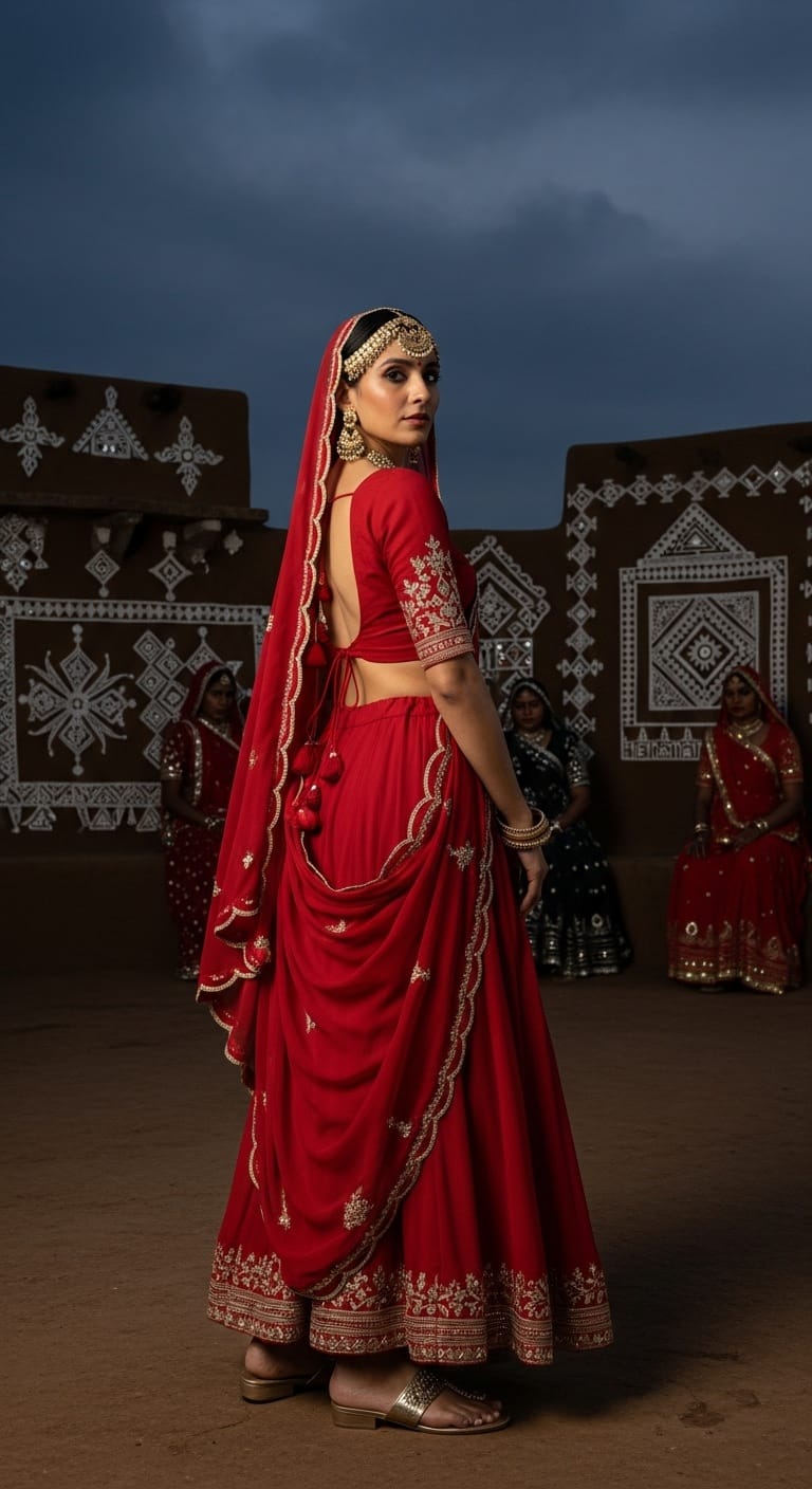 Muga Silk red Navratri outfit for Brahmacharini Puja on September 23, 2025; golden native luster that reads opulent under lights